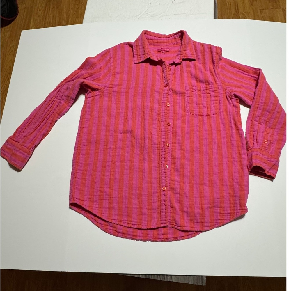 Z Supply Resort Pink Orange Striped Gauze Button Down Shirt Large